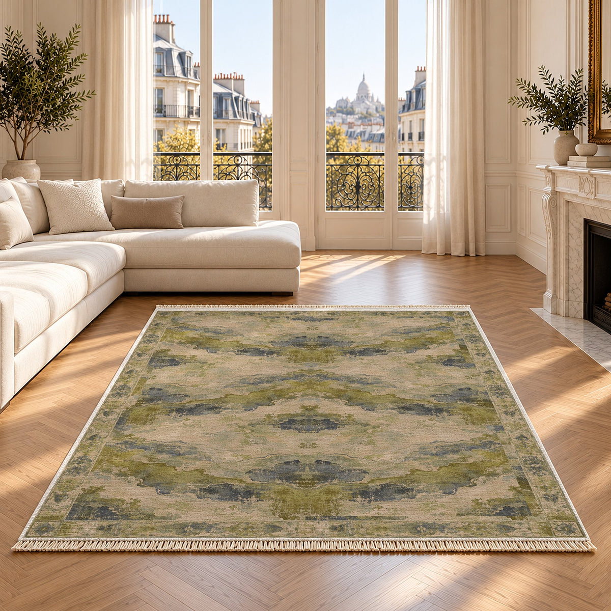 Eroded Horizon Olive & Ochre washable rug on an oak floor