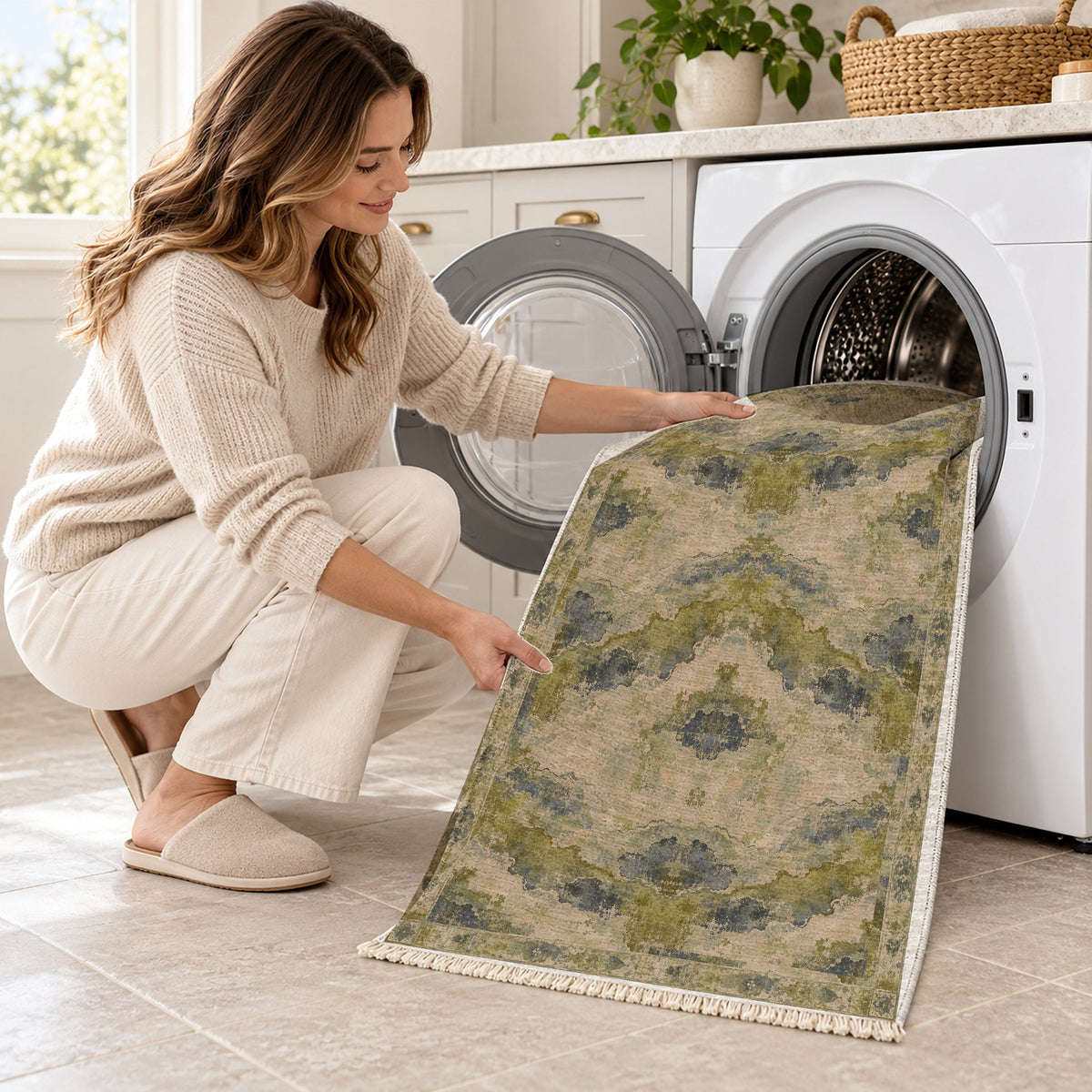 Eroded Horizon Olive & Ochre washable rug being loaded into a washing machine