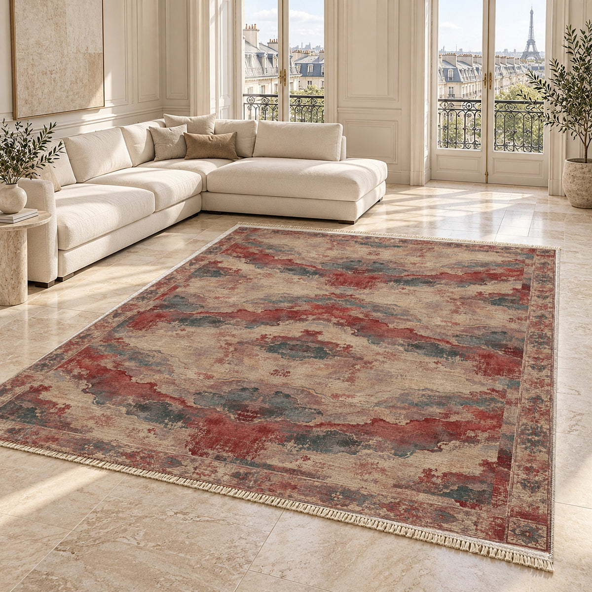Eroded Horizon Rose & Mineral washable rug angled room view on marble