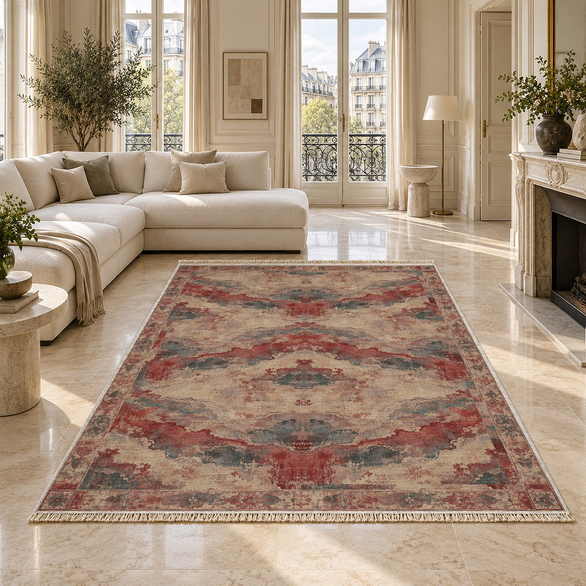Eroded Horizon Rose & Mineral washable rug on a marble floor