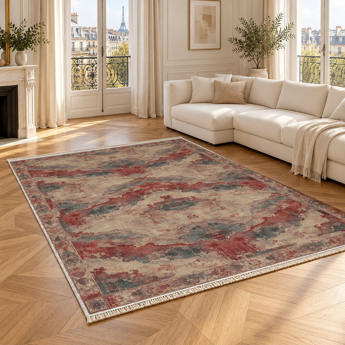 Eroded Horizon Rose & Mineral washable rug angled room view
