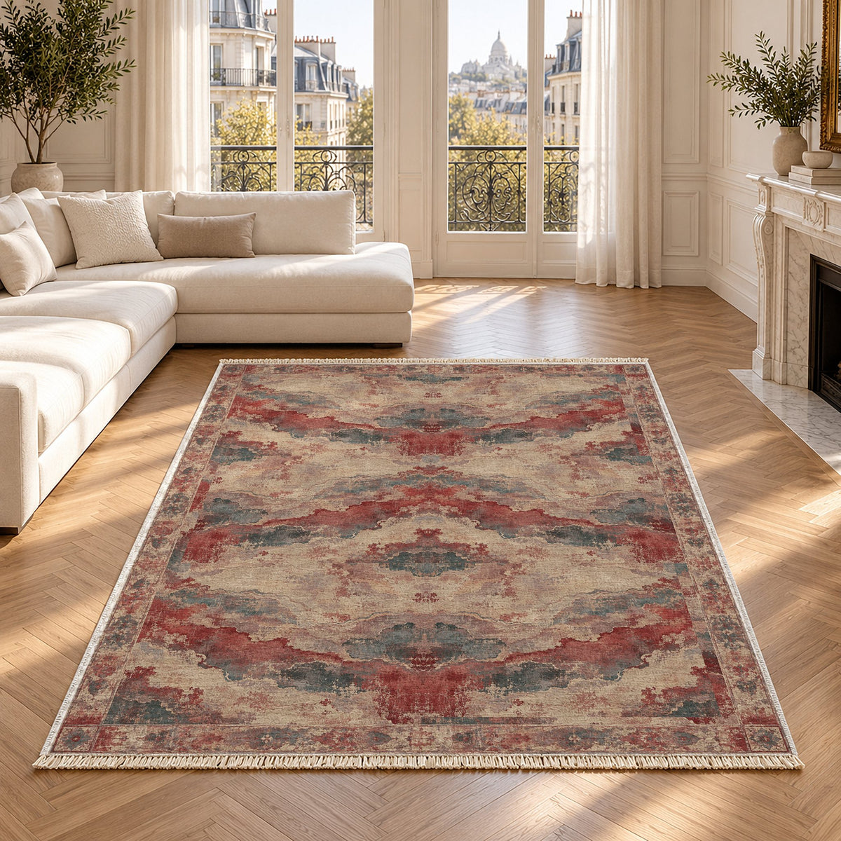 Eroded Horizon Rose & Mineral washable rug in a Paris living room