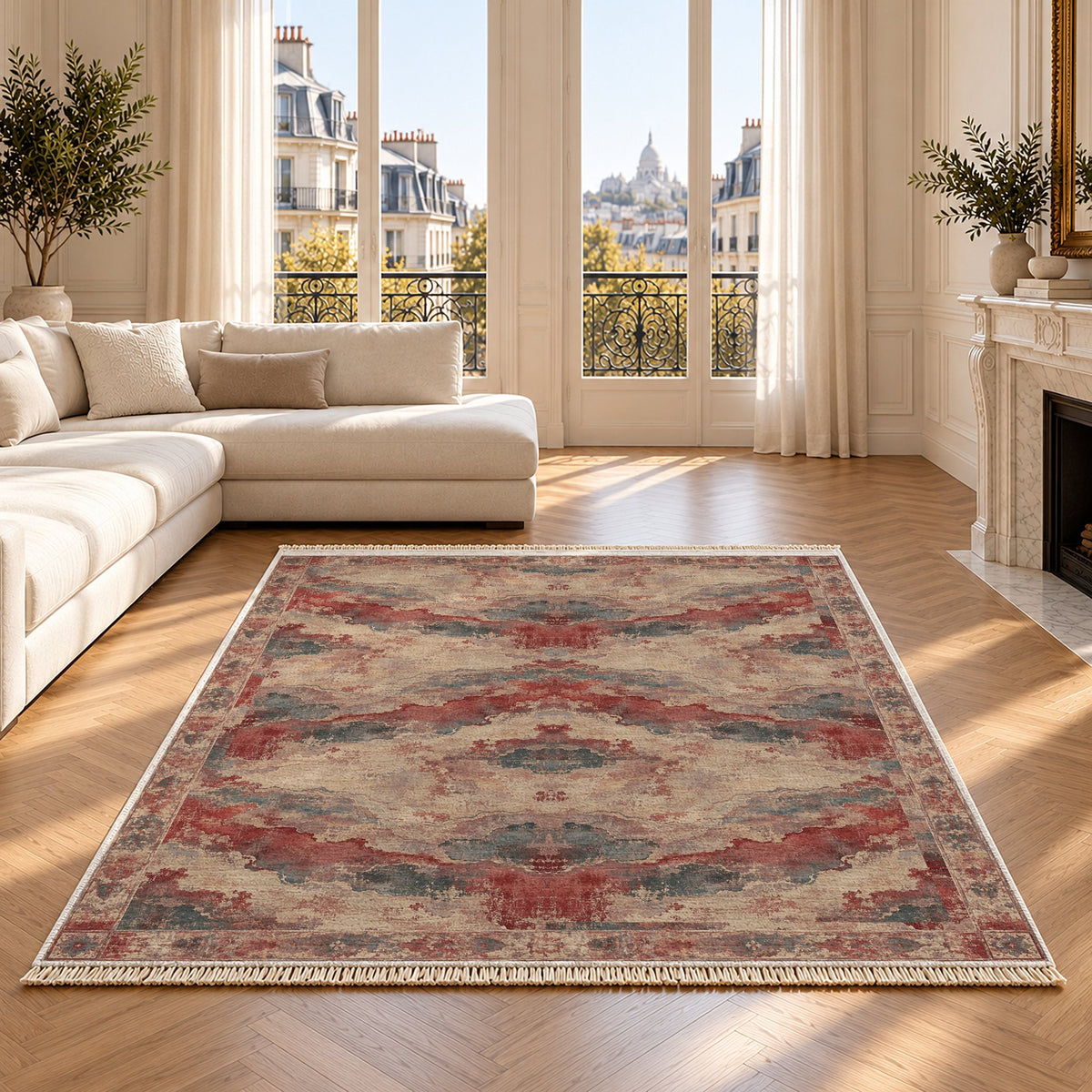 Eroded Horizon Rose & Mineral washable rug on an oak floor