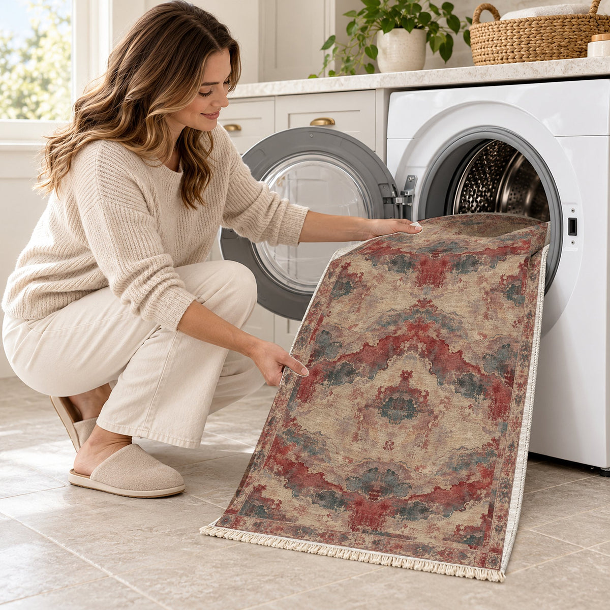 Eroded Horizon Rose & Mineral washable rug being loaded into a washing machine