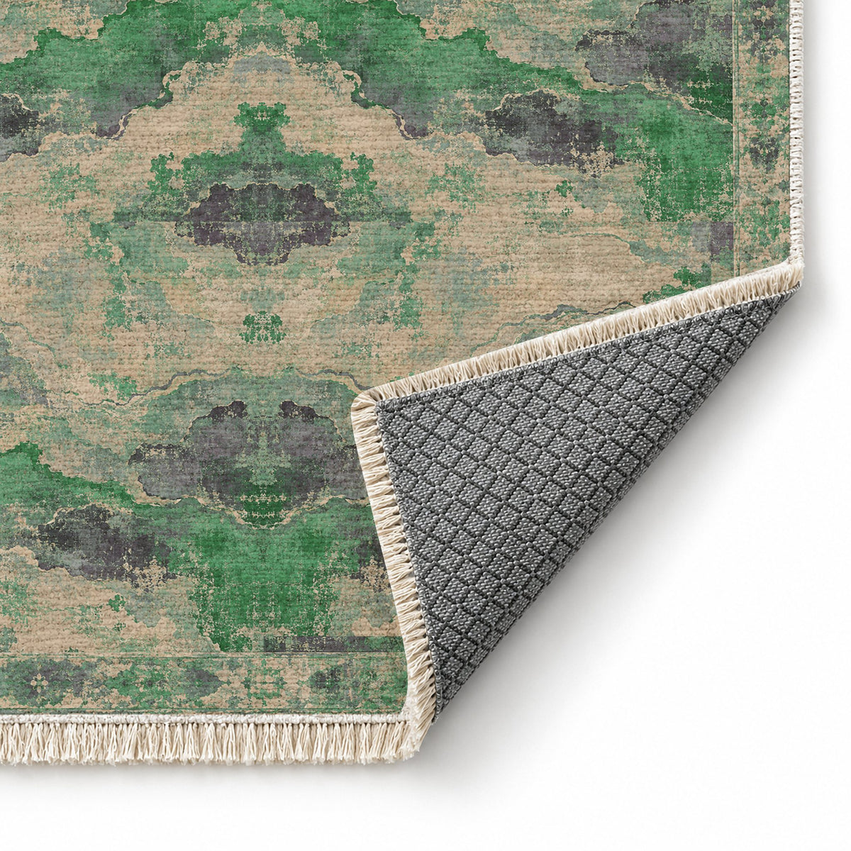 Eroded Horizon Teal & Plum washable rug folded corner showing the backing