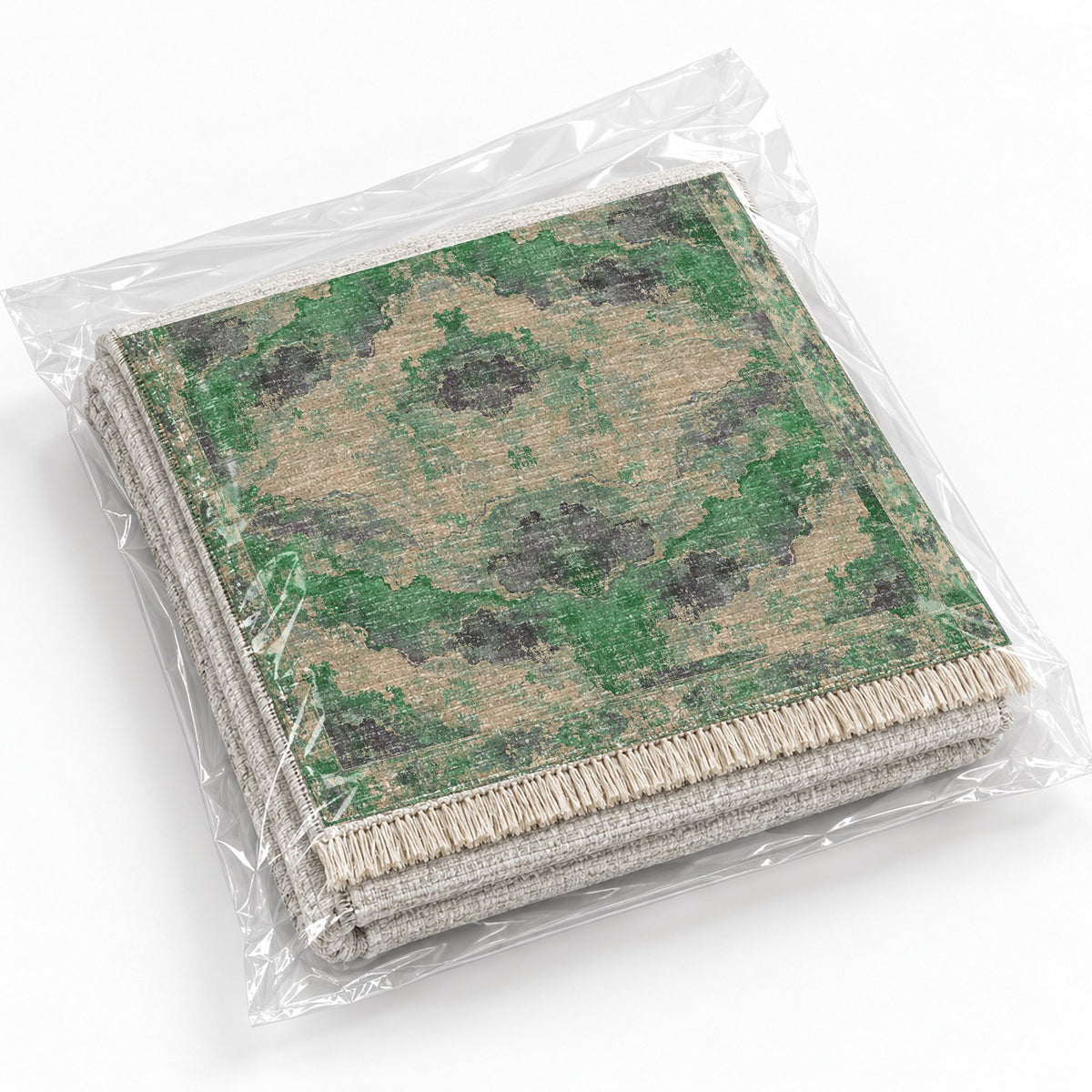 Eroded Horizon Teal & Plum washable rug rolled and packaged