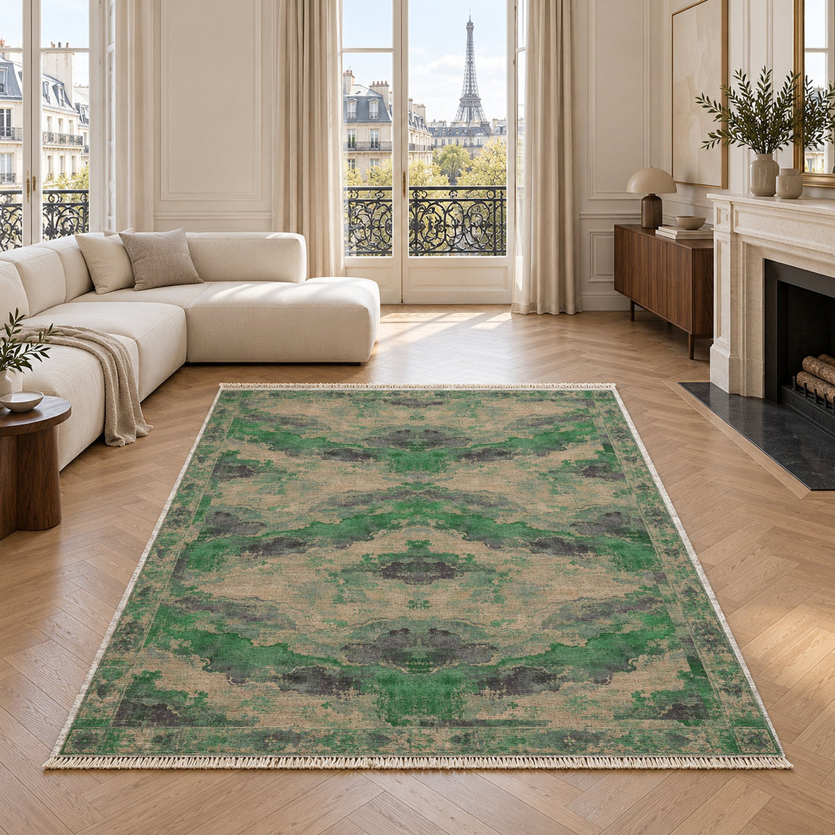 Eroded Horizon Teal & Plum washable rug in a living room with an Eiffel Tower view