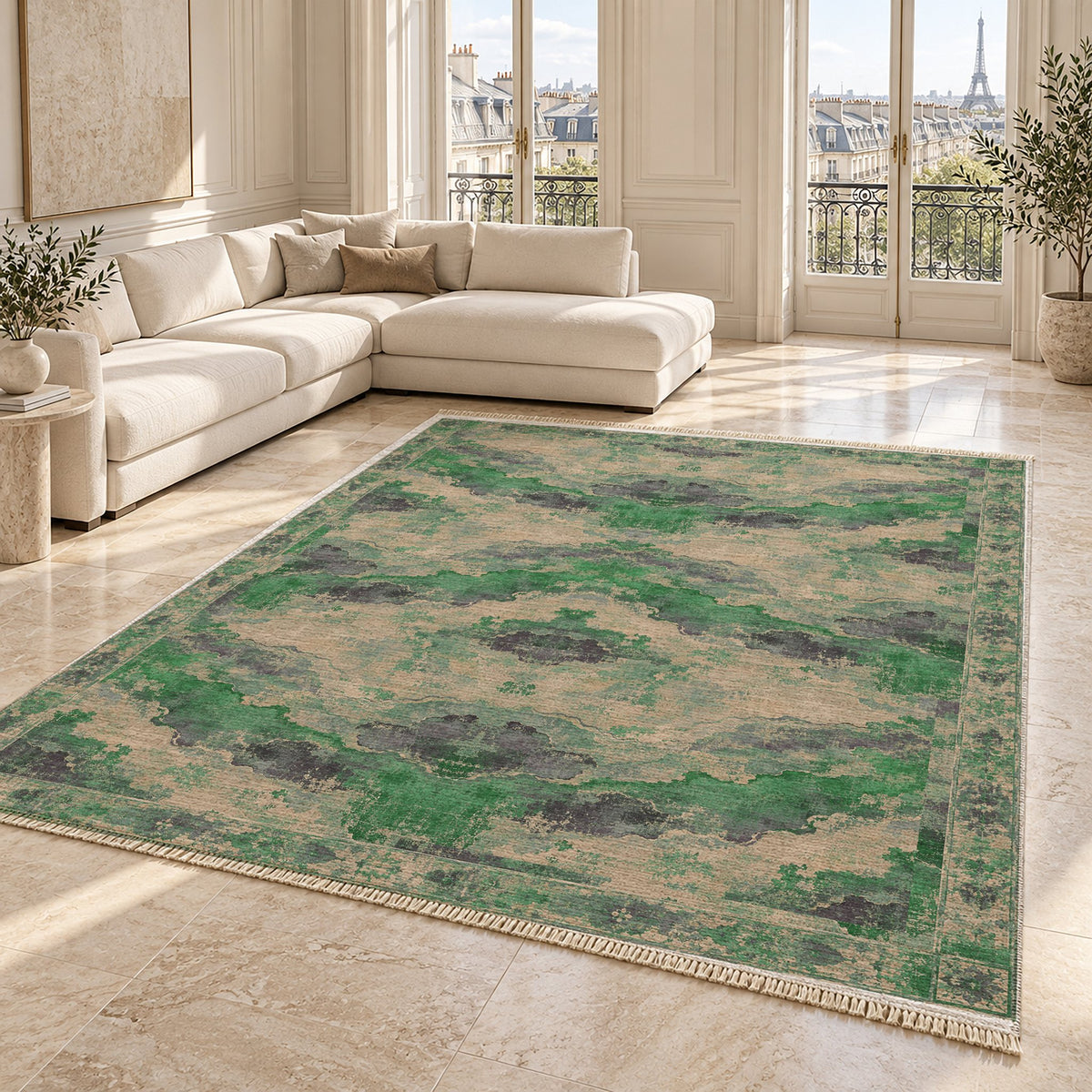Eroded Horizon Teal & Plum washable rug angled room view on marble