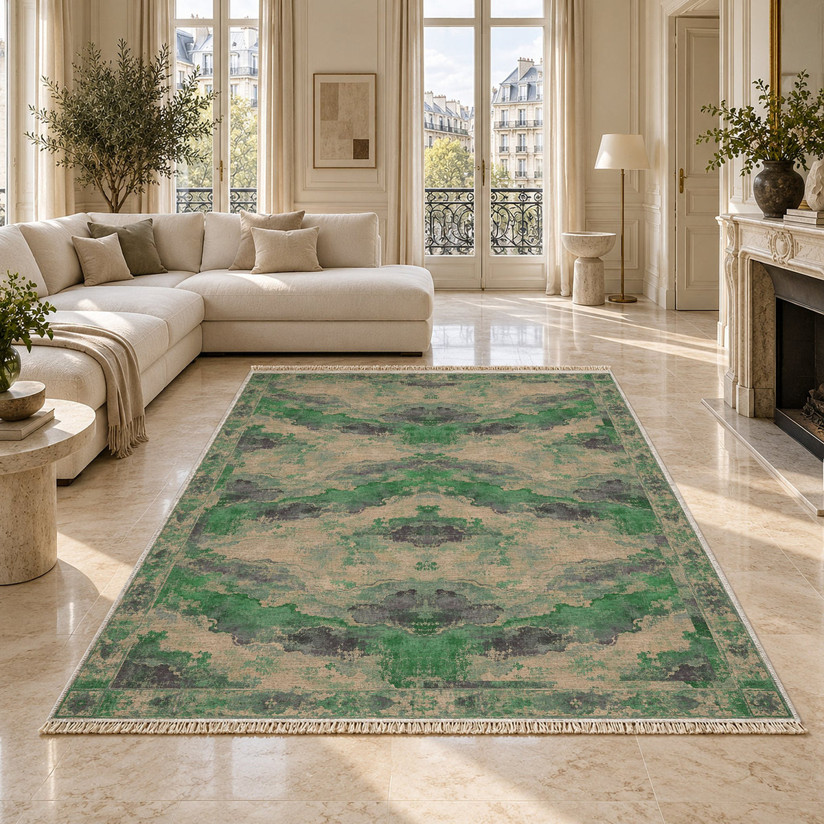 Eroded Horizon Teal & Plum washable rug on a marble floor