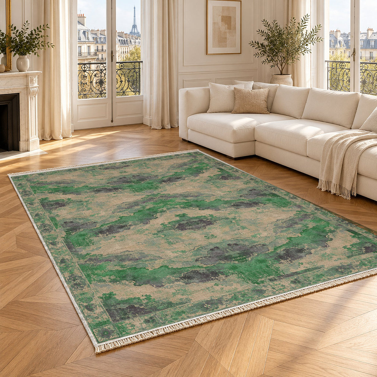 Eroded Horizon Teal & Plum washable rug angled room view