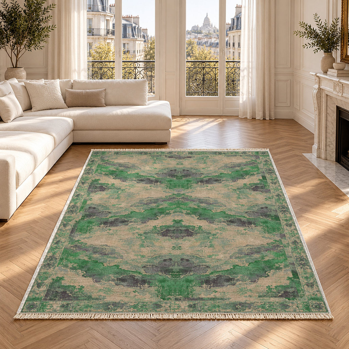 Eroded Horizon Teal & Plum washable rug in a Paris living room