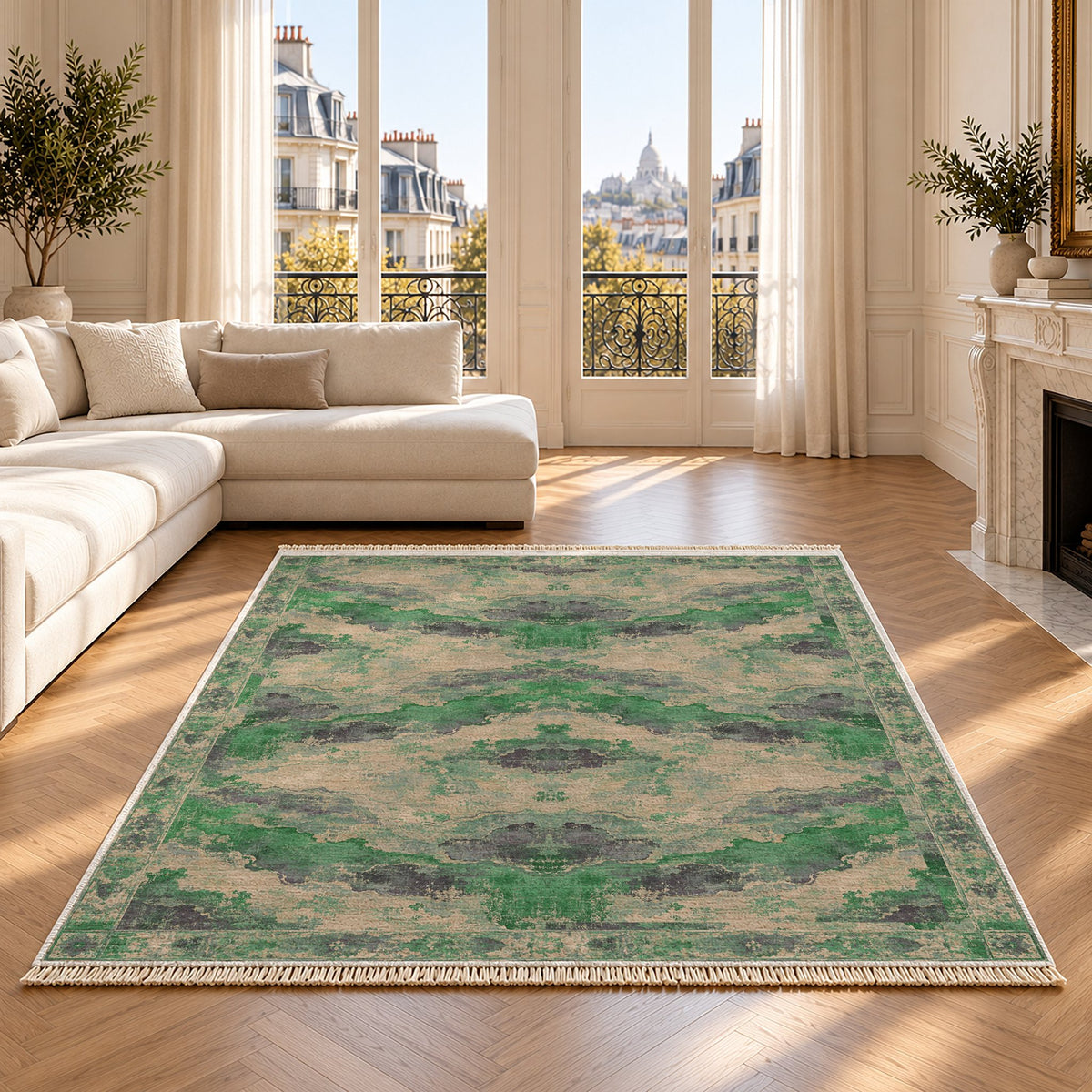 Eroded Horizon Teal & Plum washable rug on an oak floor