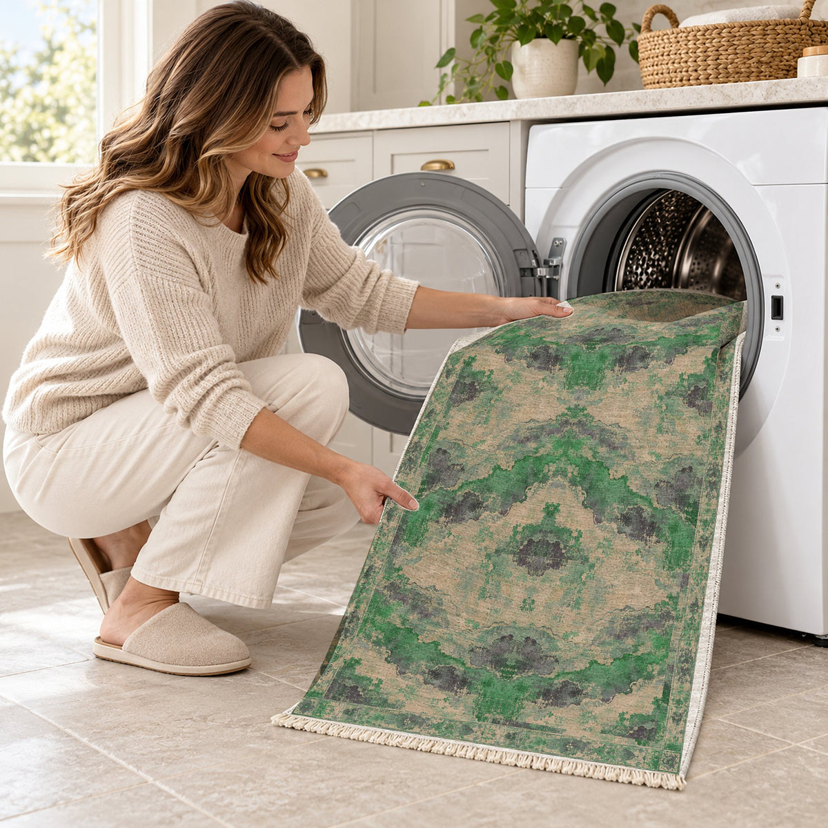 Eroded Horizon Teal & Plum washable rug being loaded into a washing machine