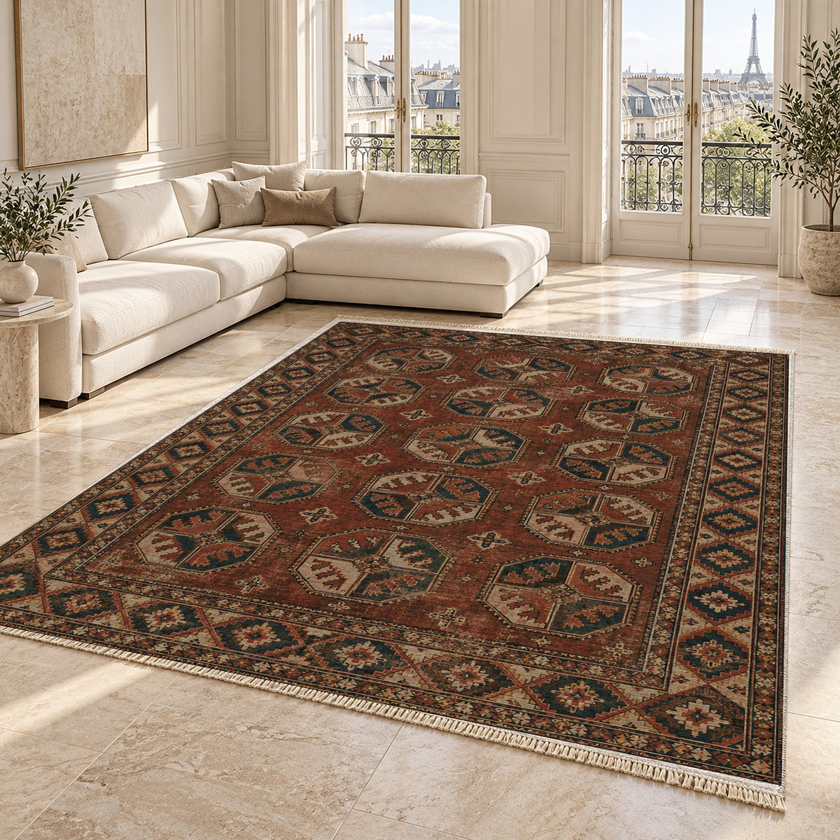 Ersari Gul Clay & Sage washable rug angled room view on marble