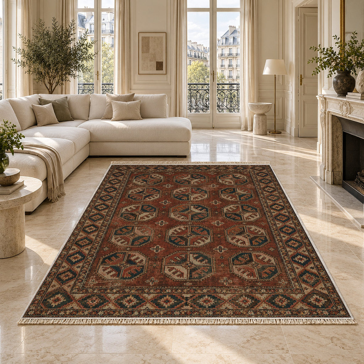 Ersari Gul Clay & Sage washable rug on a marble floor