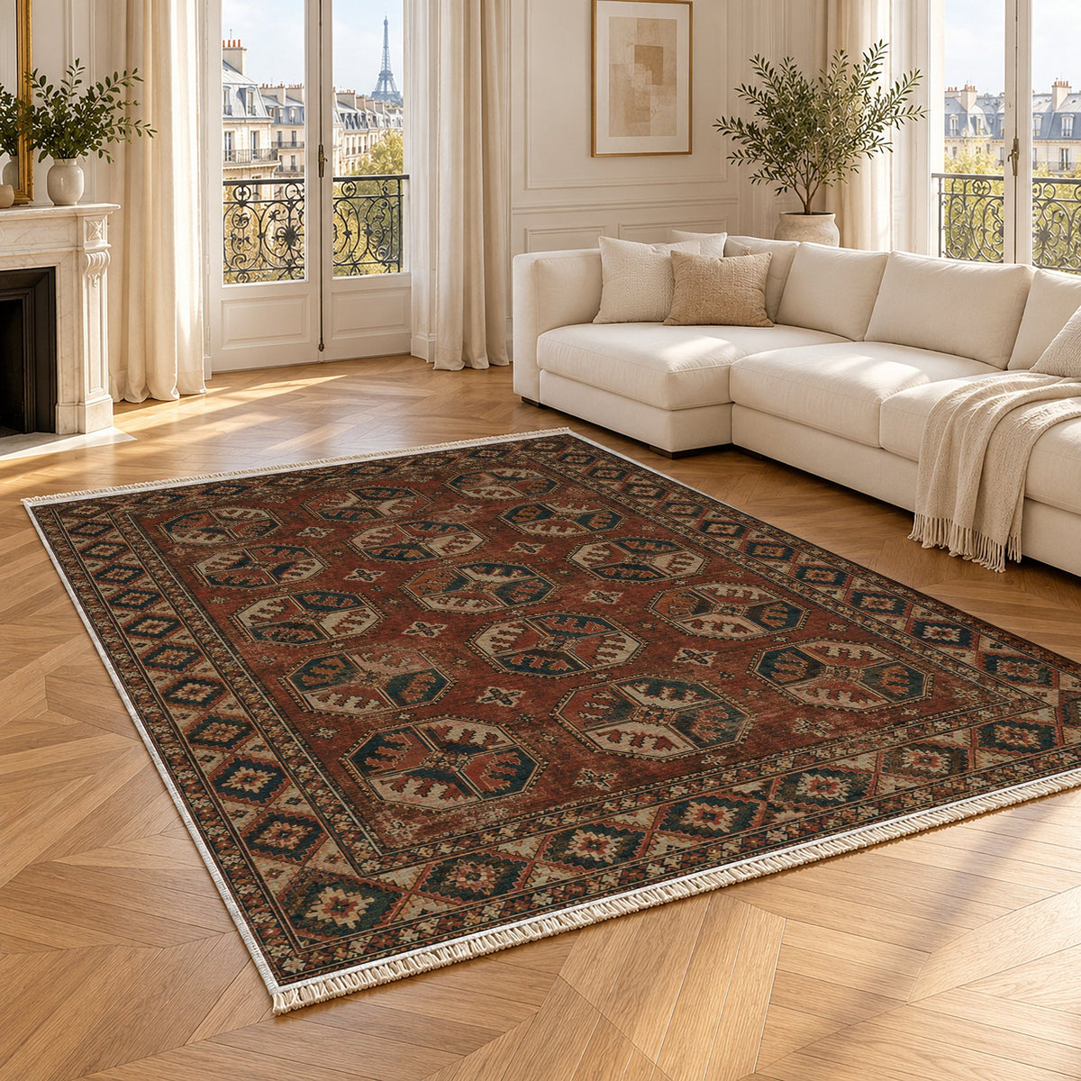 Ersari Gul Clay & Sage washable rug angled room view