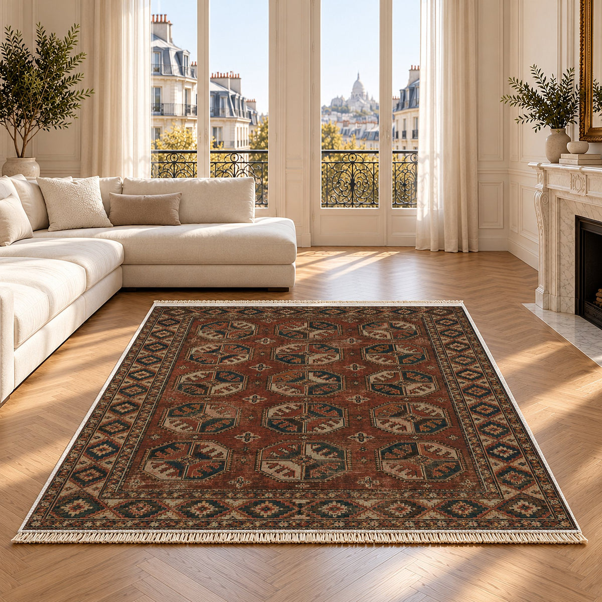 Ersari Gul Clay & Sage washable rug on an oak floor