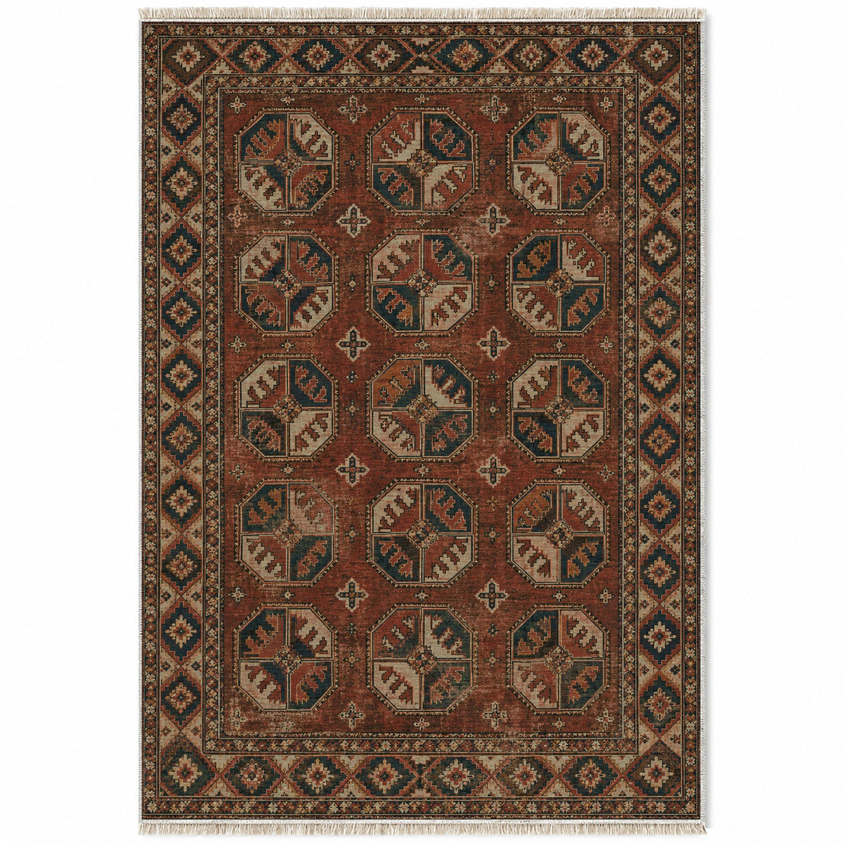 Ersari Gul Clay & Sage washable rug top view