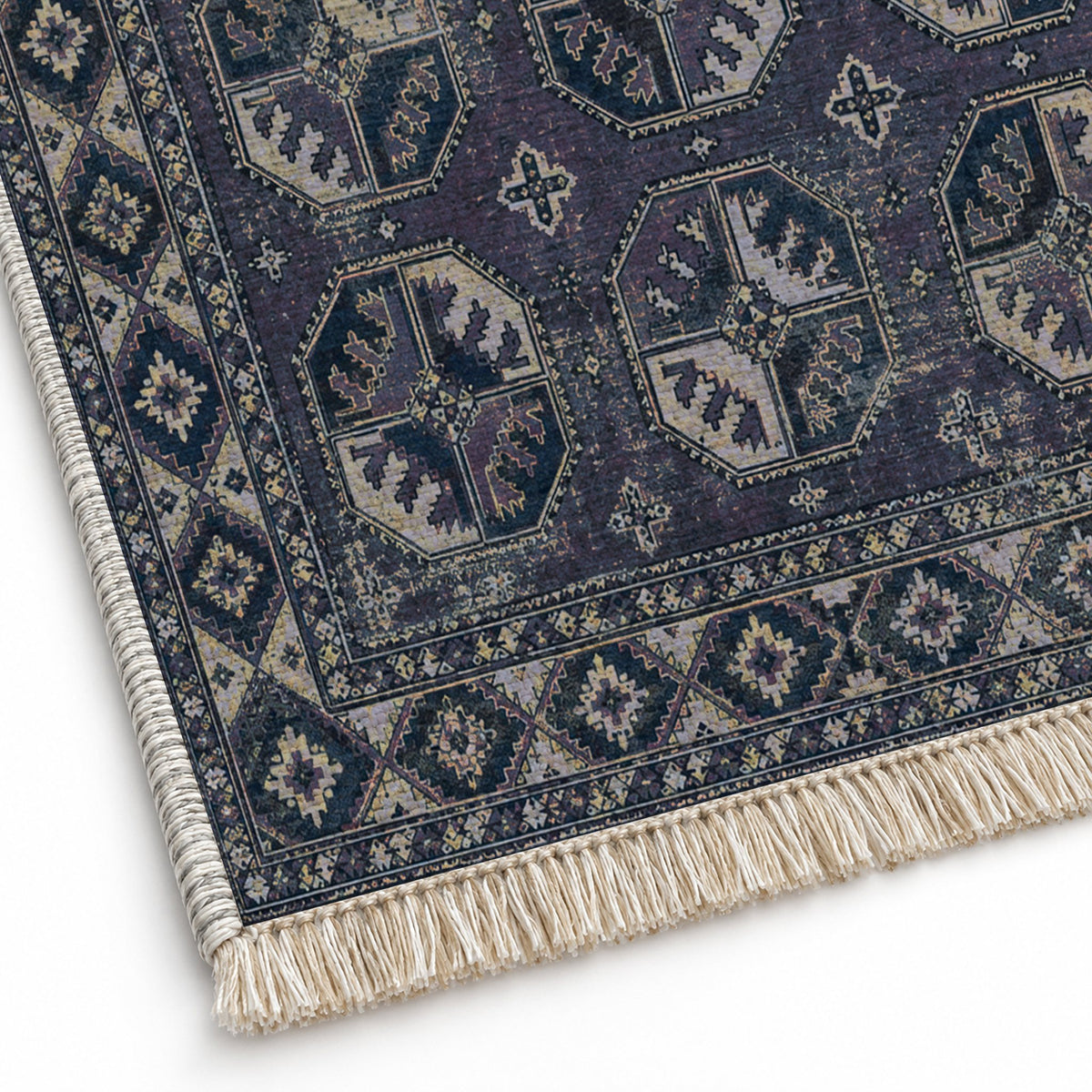 Ersari Gul Mineral Blue washable rug close-up of the printed chenille