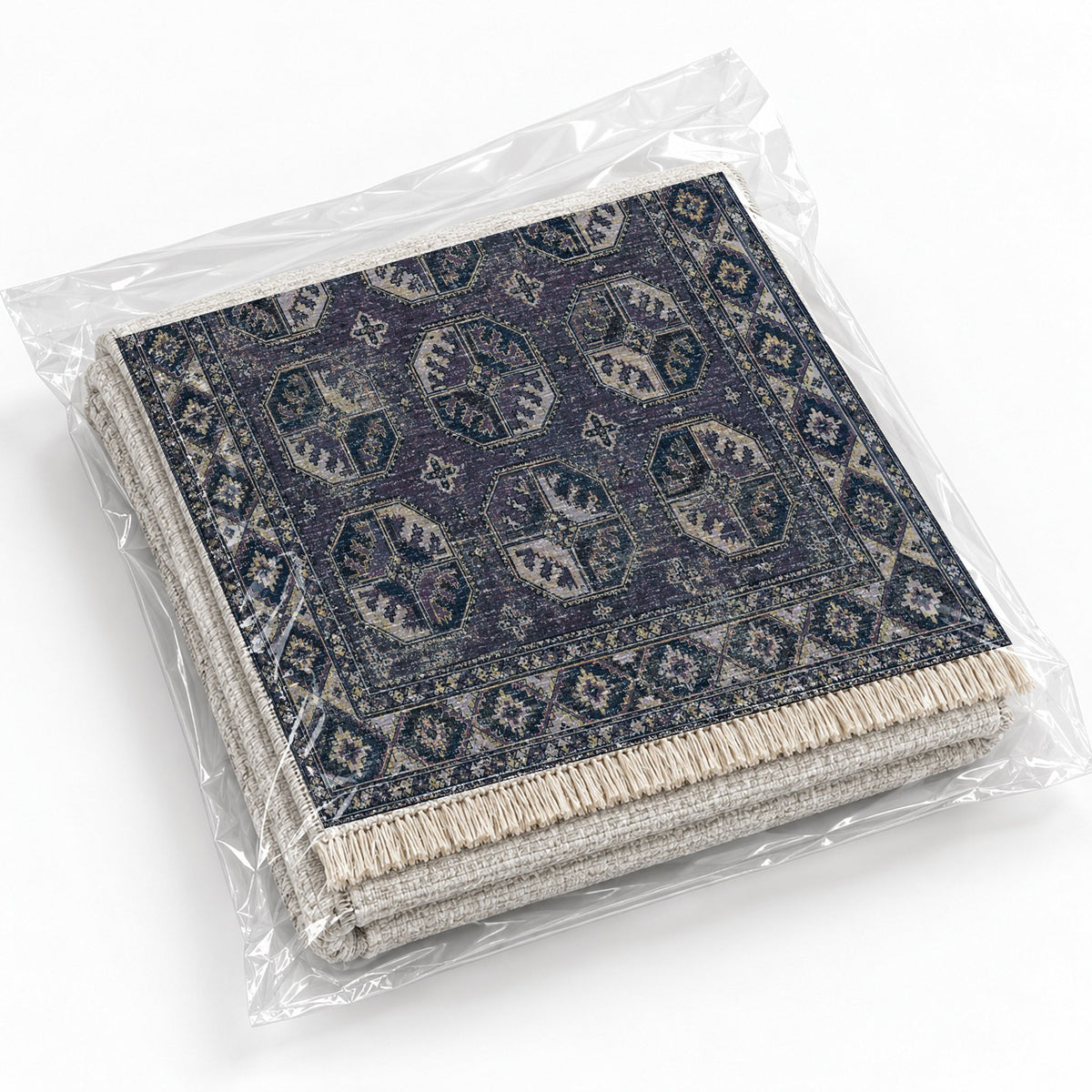 Ersari Gul Mineral Blue washable rug rolled and packaged