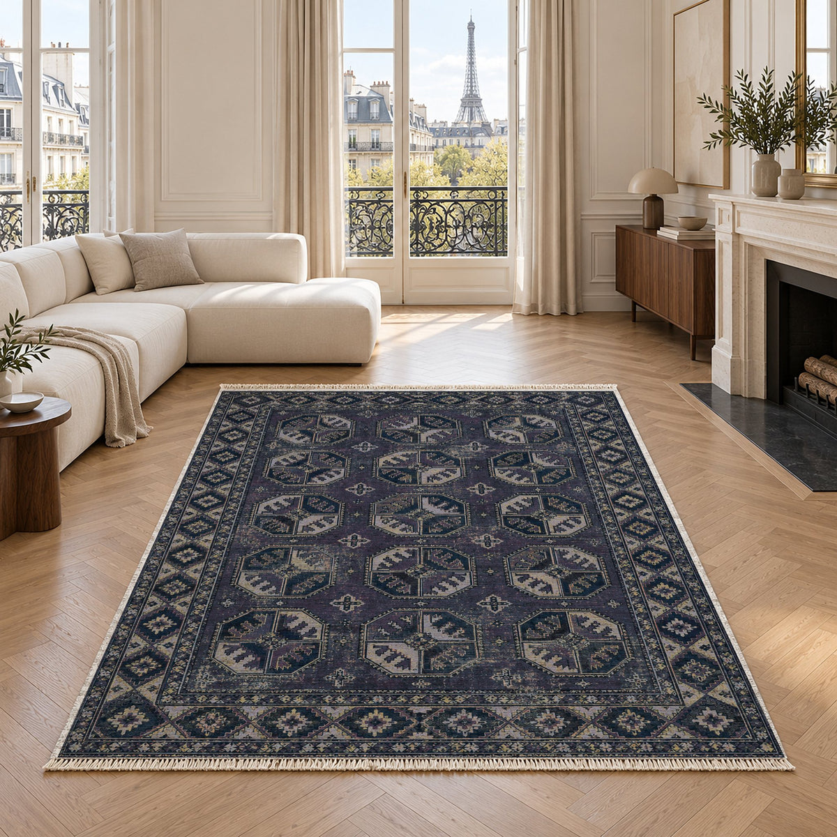 Ersari Gul Mineral Blue washable rug in a living room with an Eiffel Tower view