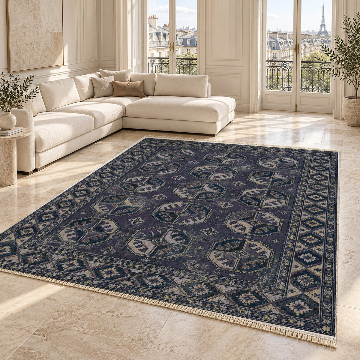Ersari Gul Mineral Blue washable rug angled room view on marble