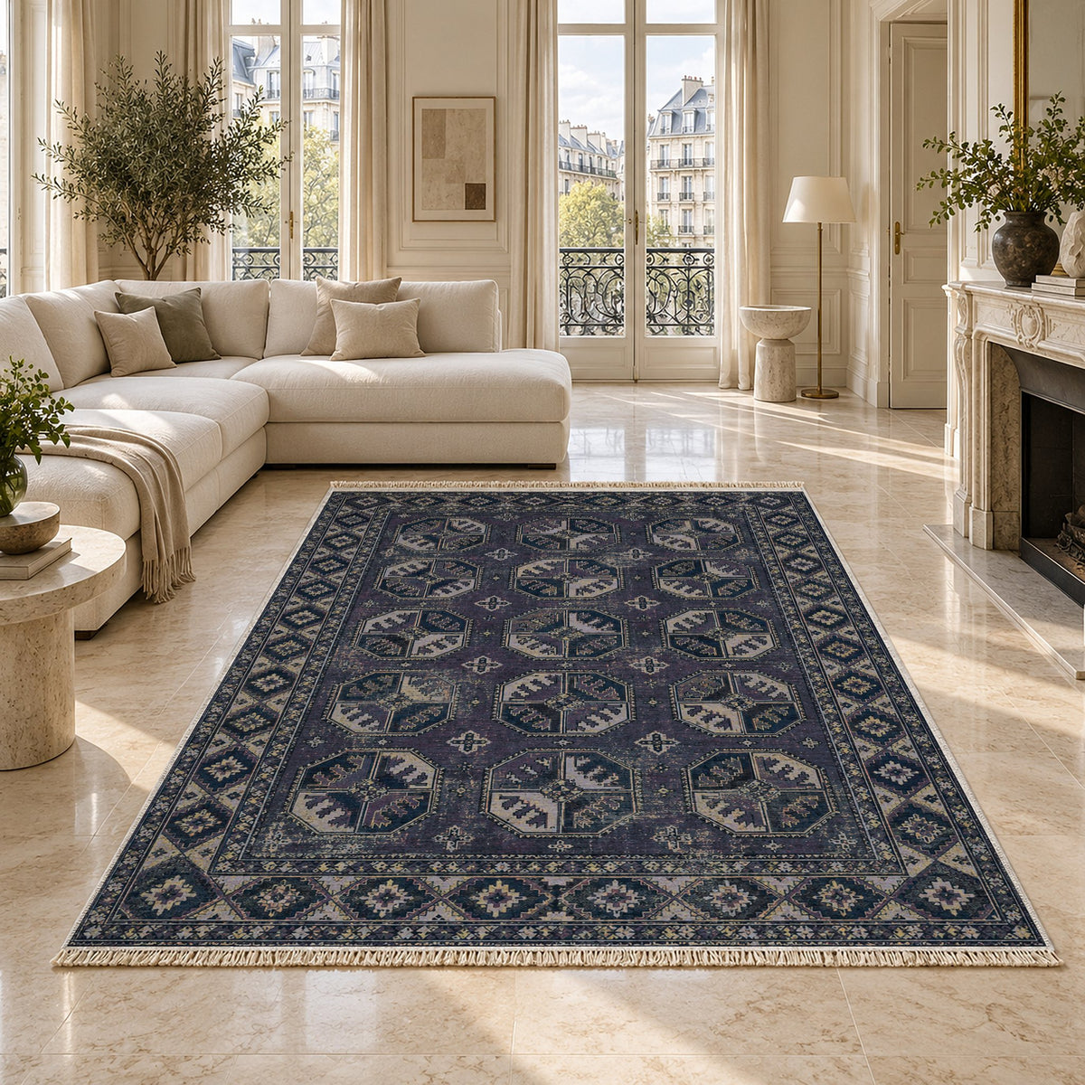 Ersari Gul Mineral Blue washable rug on a marble floor