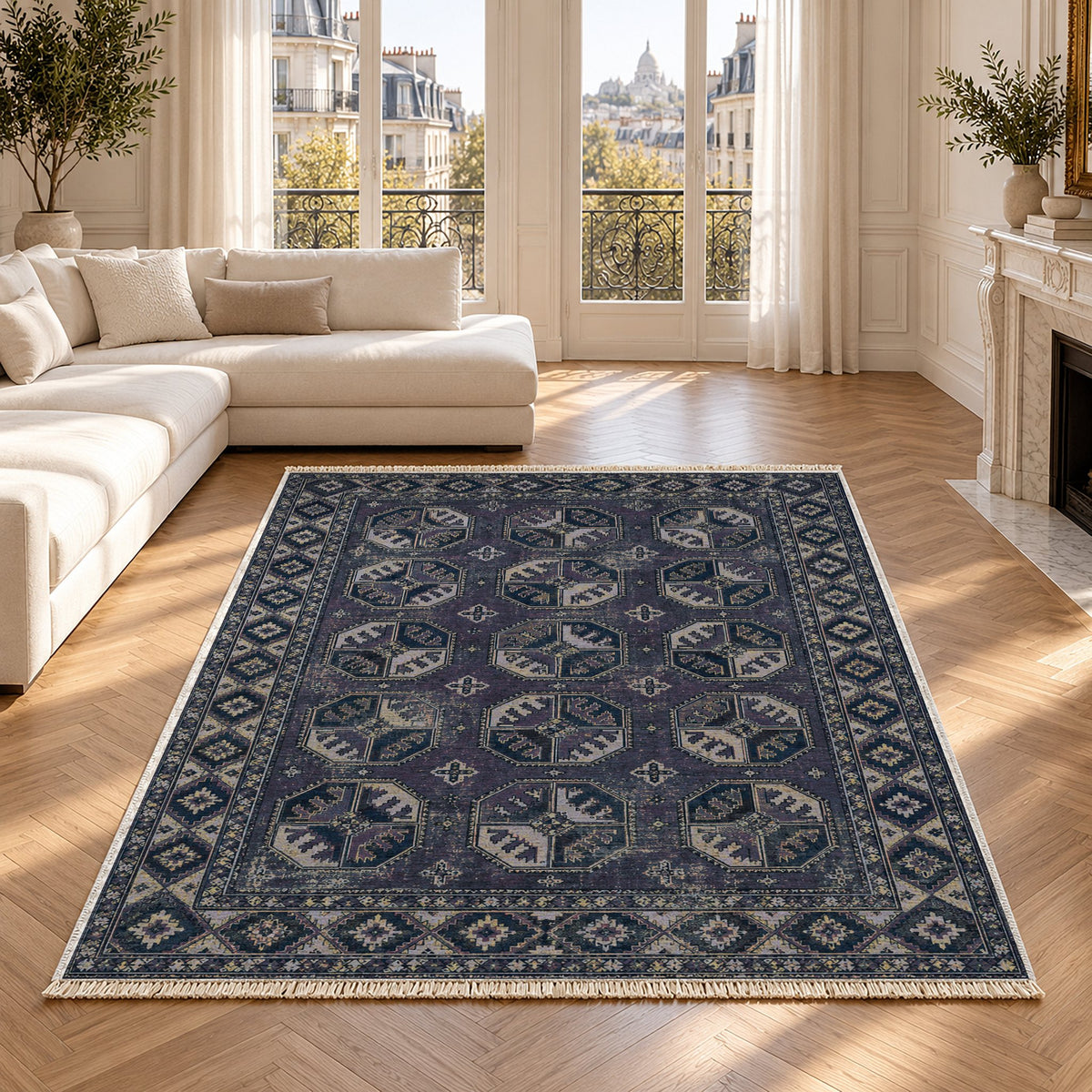 Ersari Gul Mineral Blue washable rug in a Paris living room