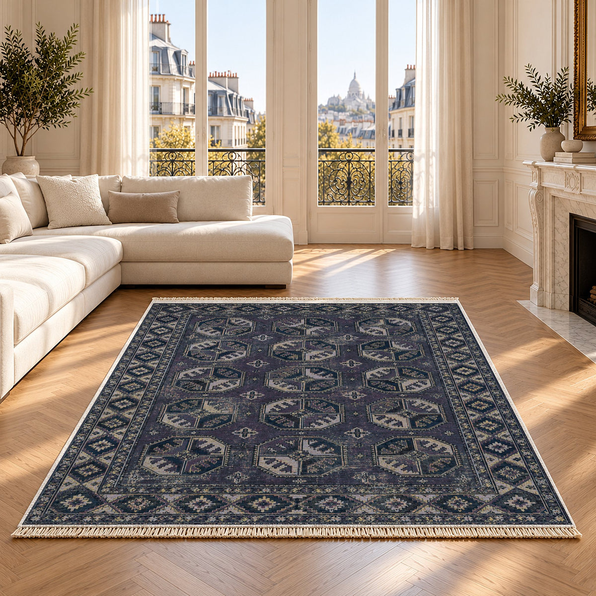 Ersari Gul Mineral Blue washable rug on an oak floor