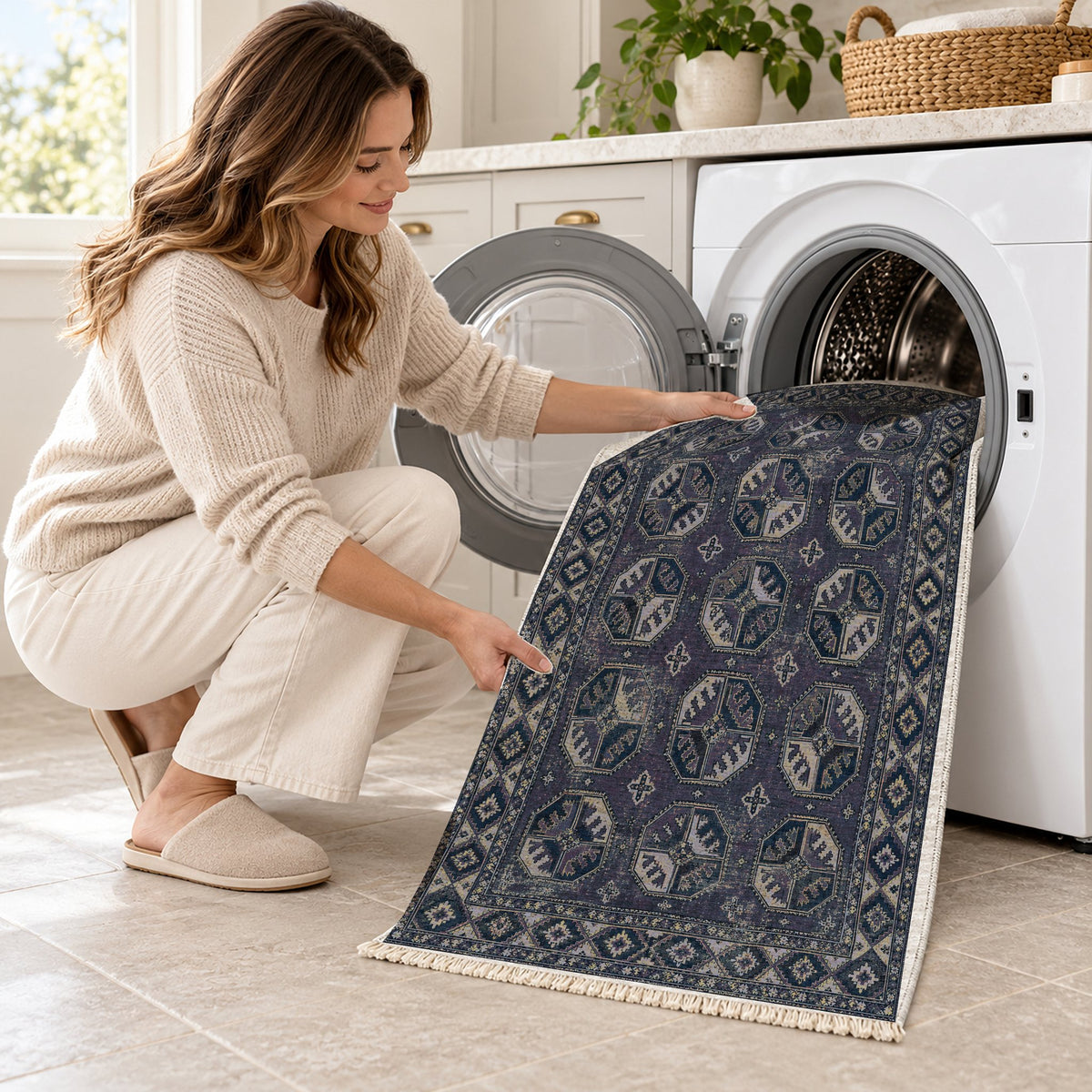 Ersari Gul Mineral Blue washable rug being loaded into a washing machine