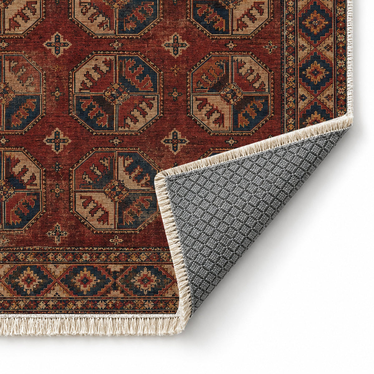 Ersari Gul Red & Brown washable rug folded corner showing the backing