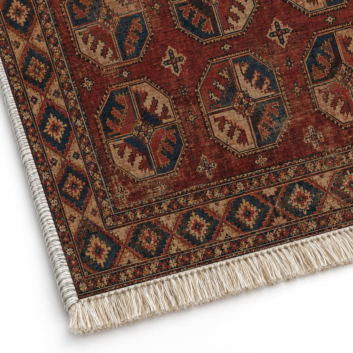 Ersari Gul Red & Brown washable rug close-up of the printed chenille