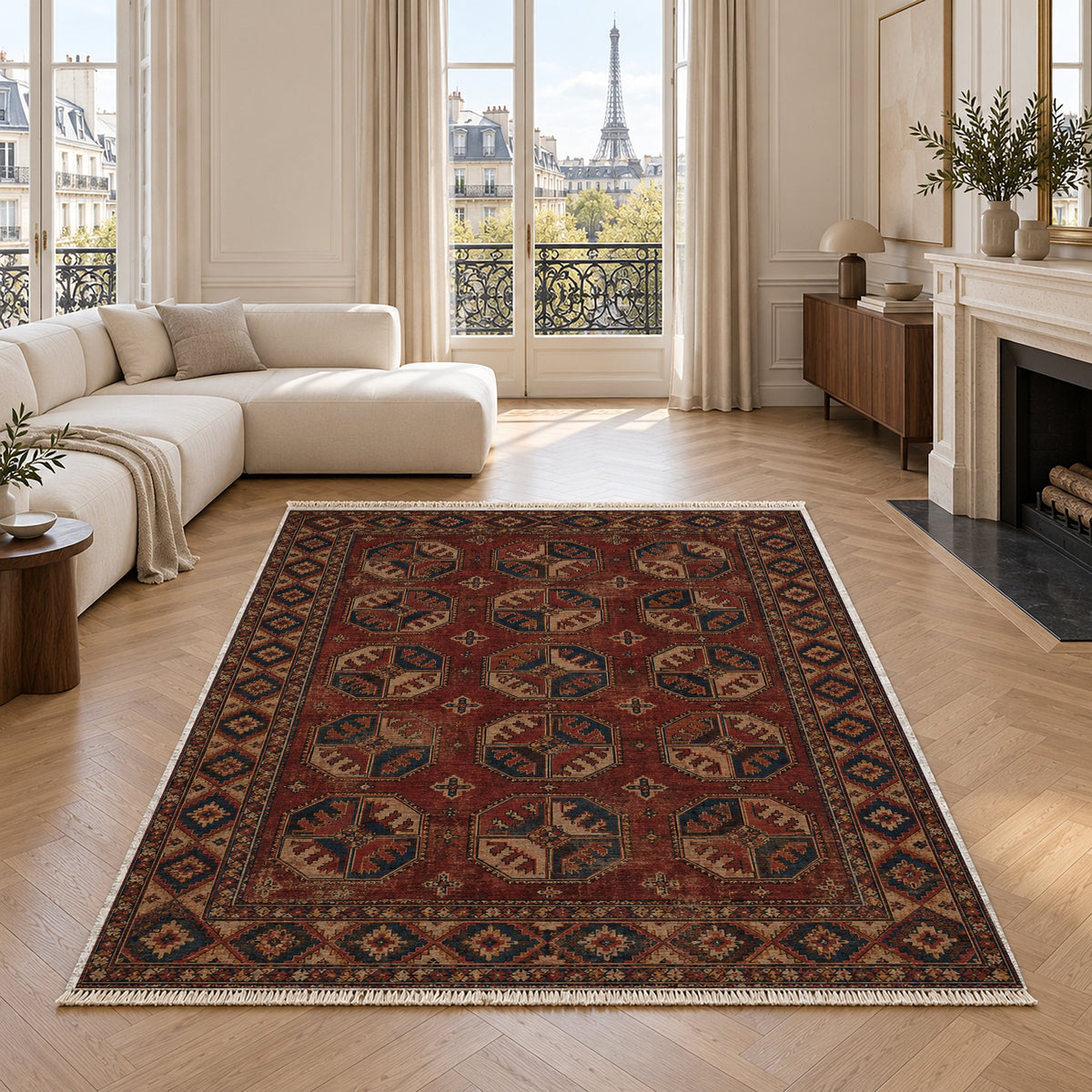 Ersari Gul Red & Brown washable rug in a living room with an Eiffel Tower view
