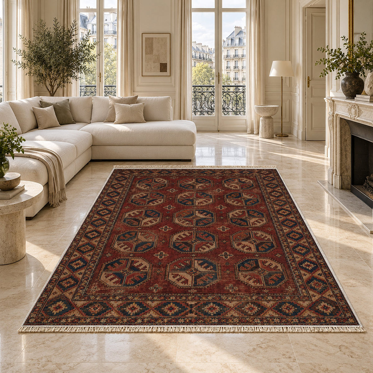 Ersari Gul Red & Brown washable rug on a marble floor