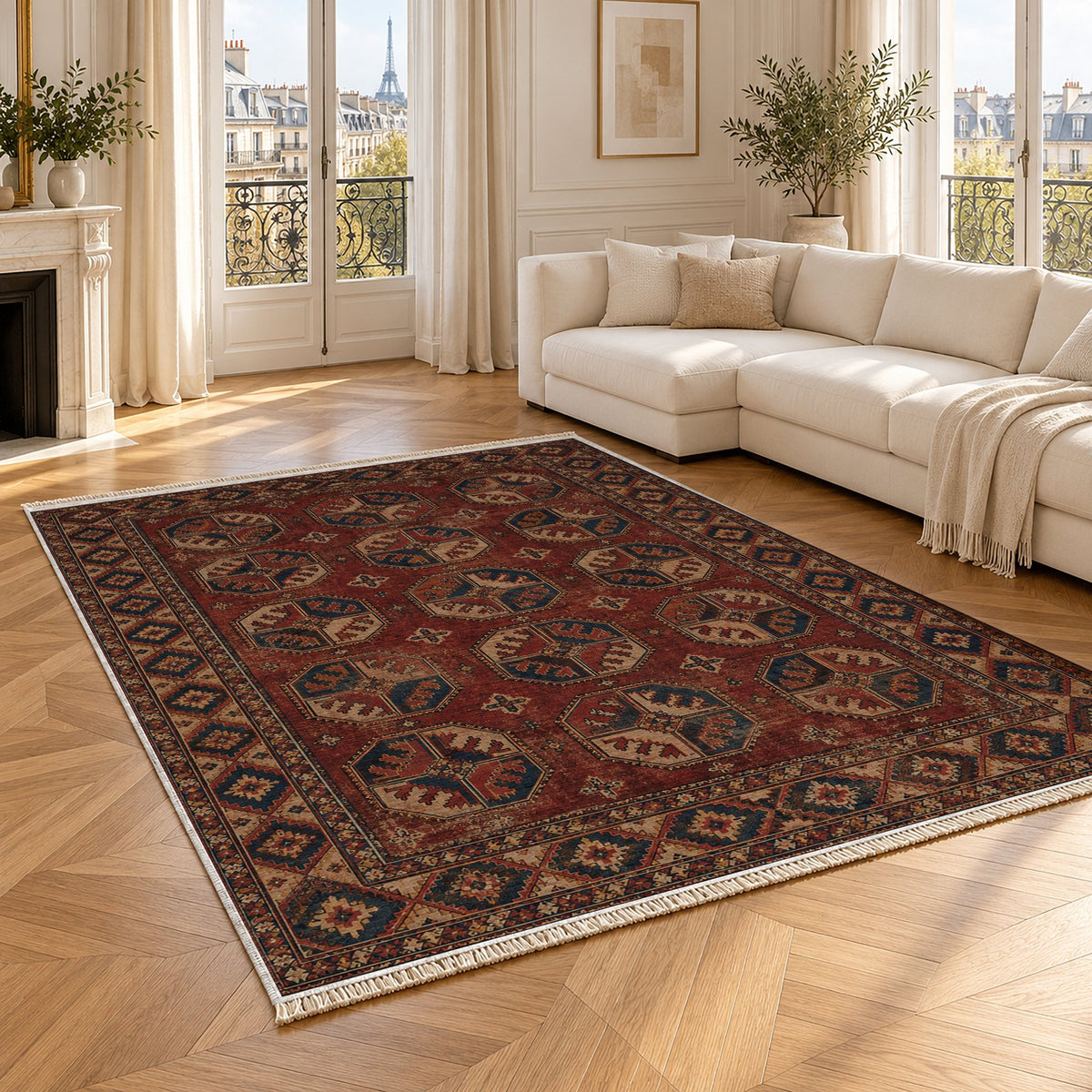 Ersari Gul Red & Brown washable rug angled room view