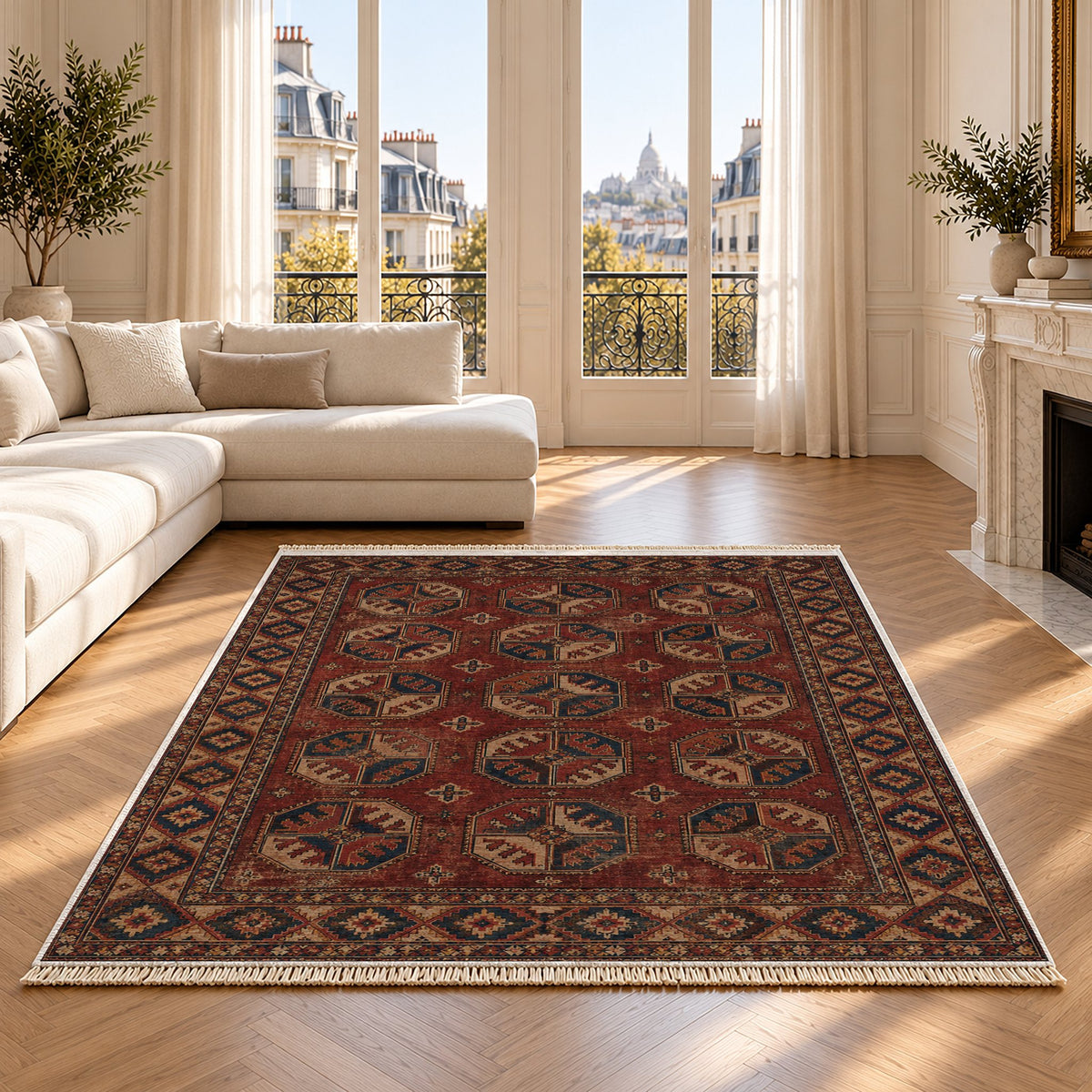 Ersari Gul Red & Brown washable rug on an oak floor