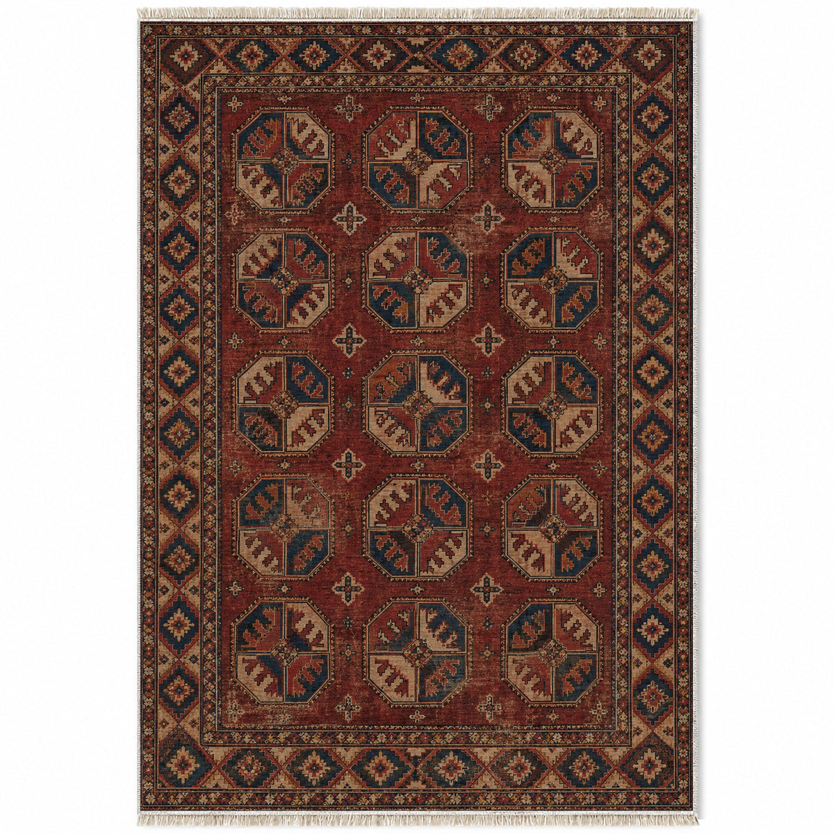 Ersari Gul Red & Brown washable rug top view