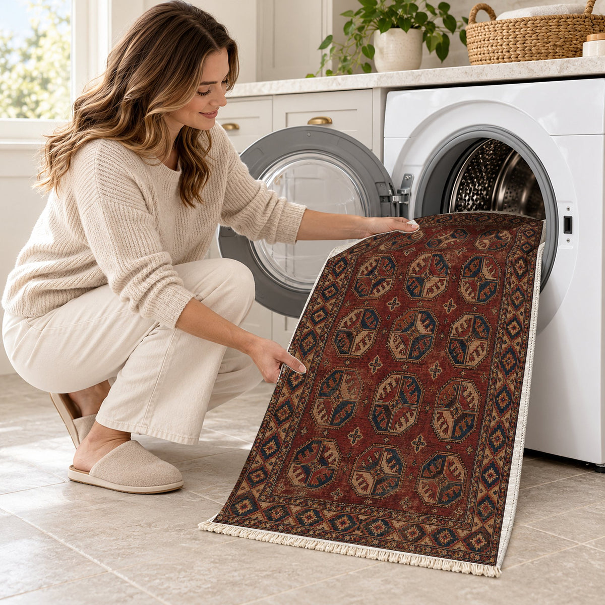 Ersari Gul Red & Brown washable rug being loaded into a washing machine