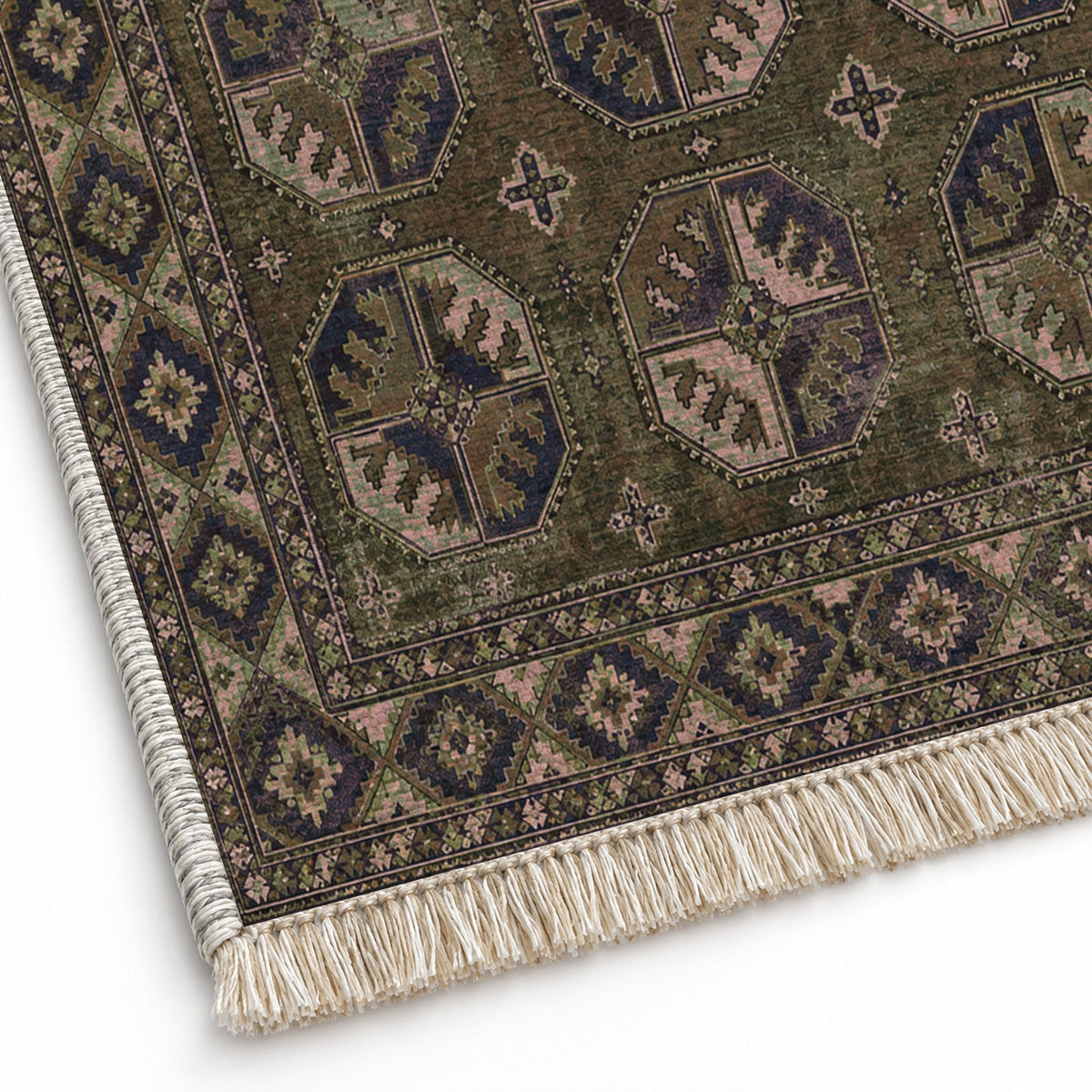 Ersari Gul Rose & Olive washable rug close-up of the printed chenille