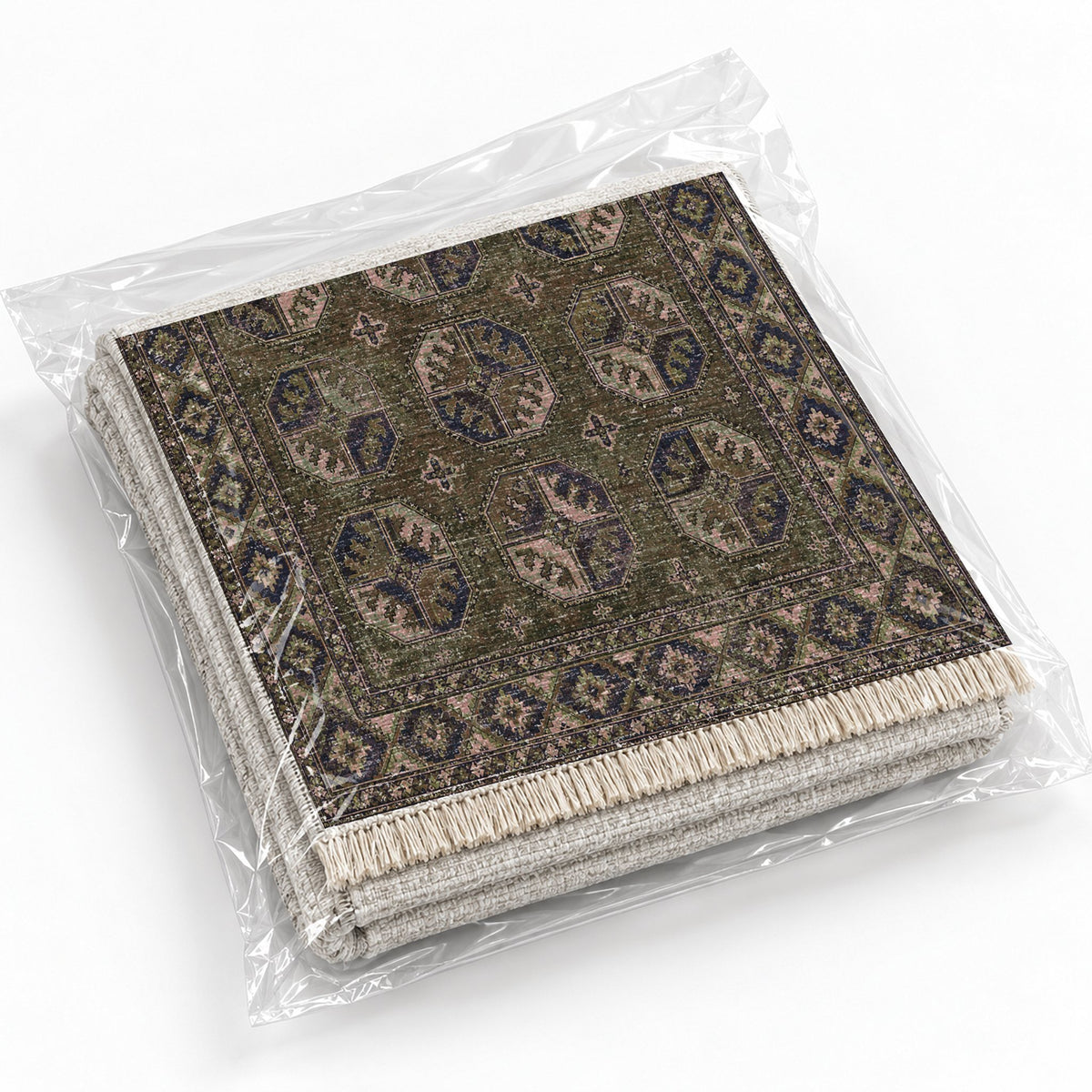 Ersari Gul Rose & Olive washable rug rolled and packaged