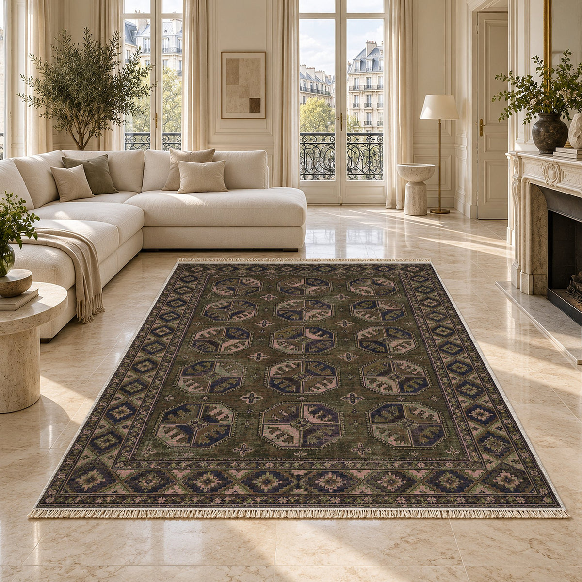 Ersari Gul Rose & Olive washable rug on a marble floor