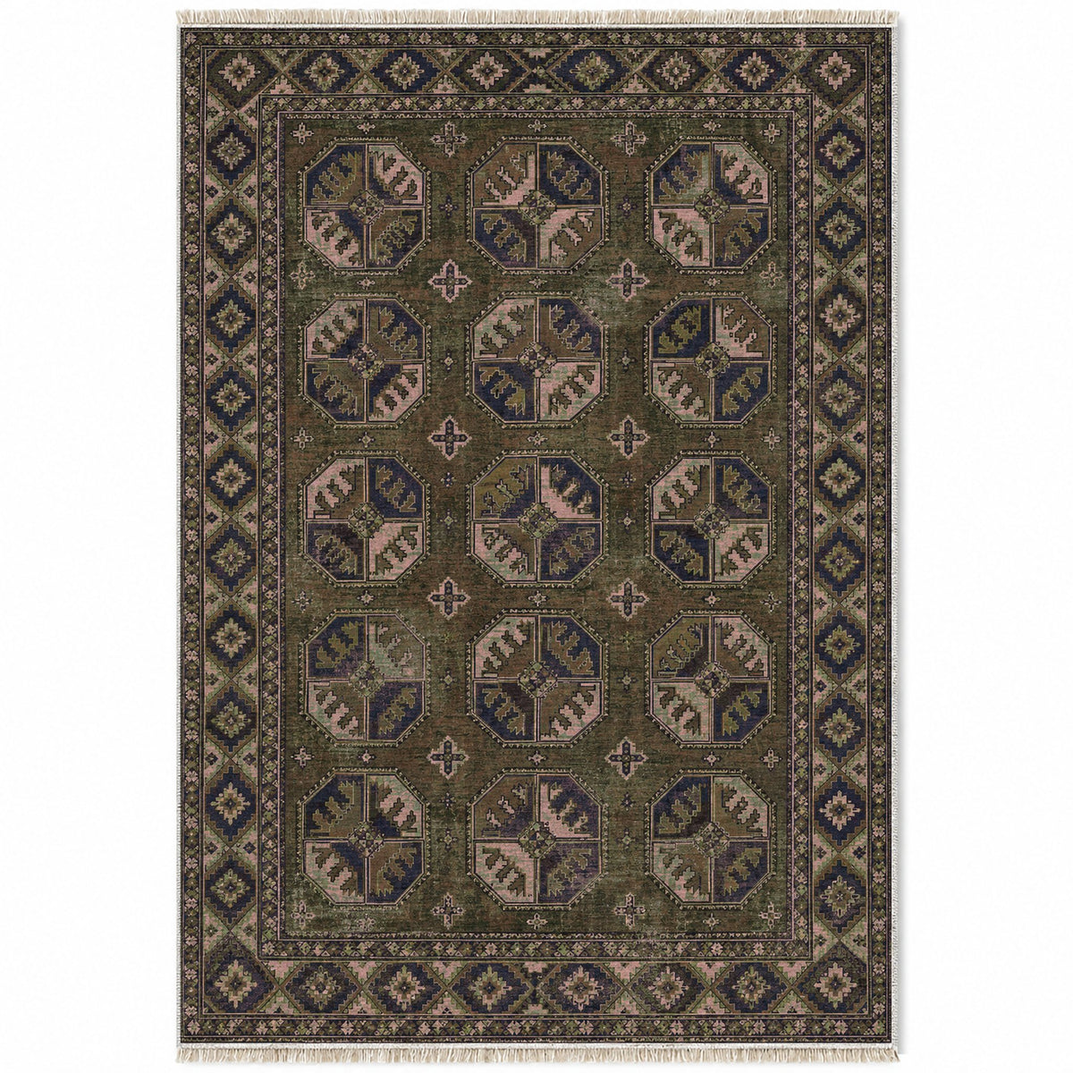Ersari Gul Rose & Olive washable rug top view