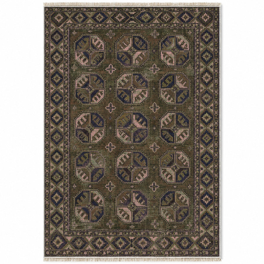 Ersari Gul Rose & Olive Afghan Washable Rug
