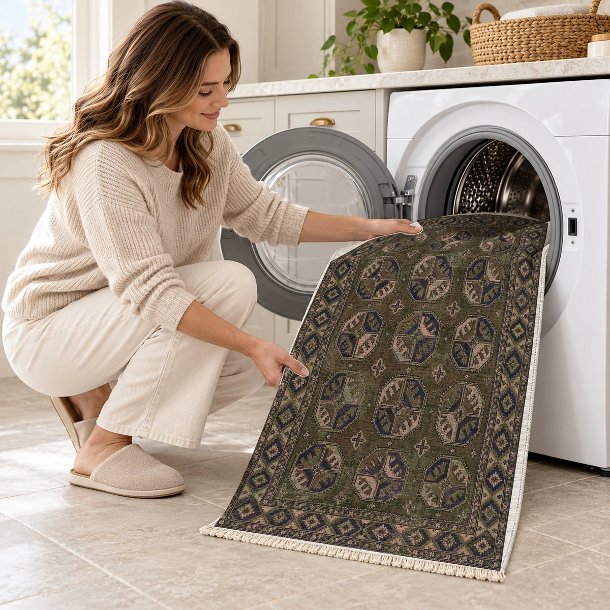 Ersari Gul Rose & Olive washable rug being loaded into a washing machine