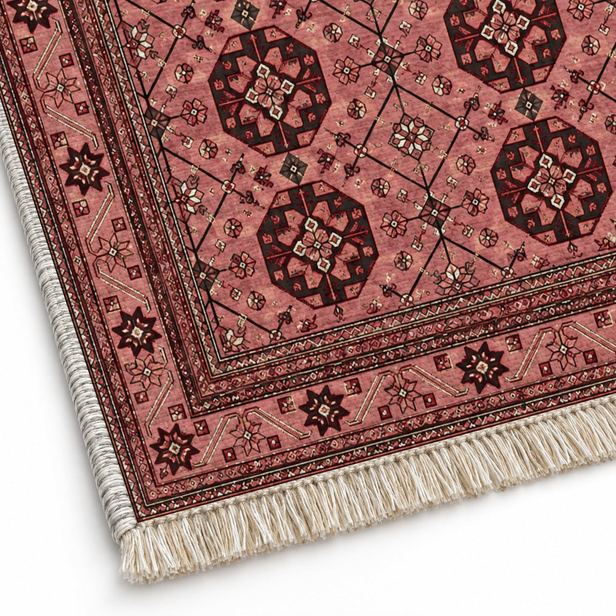 Ersari Lattice Faded Pink washable rug close-up of the printed chenille