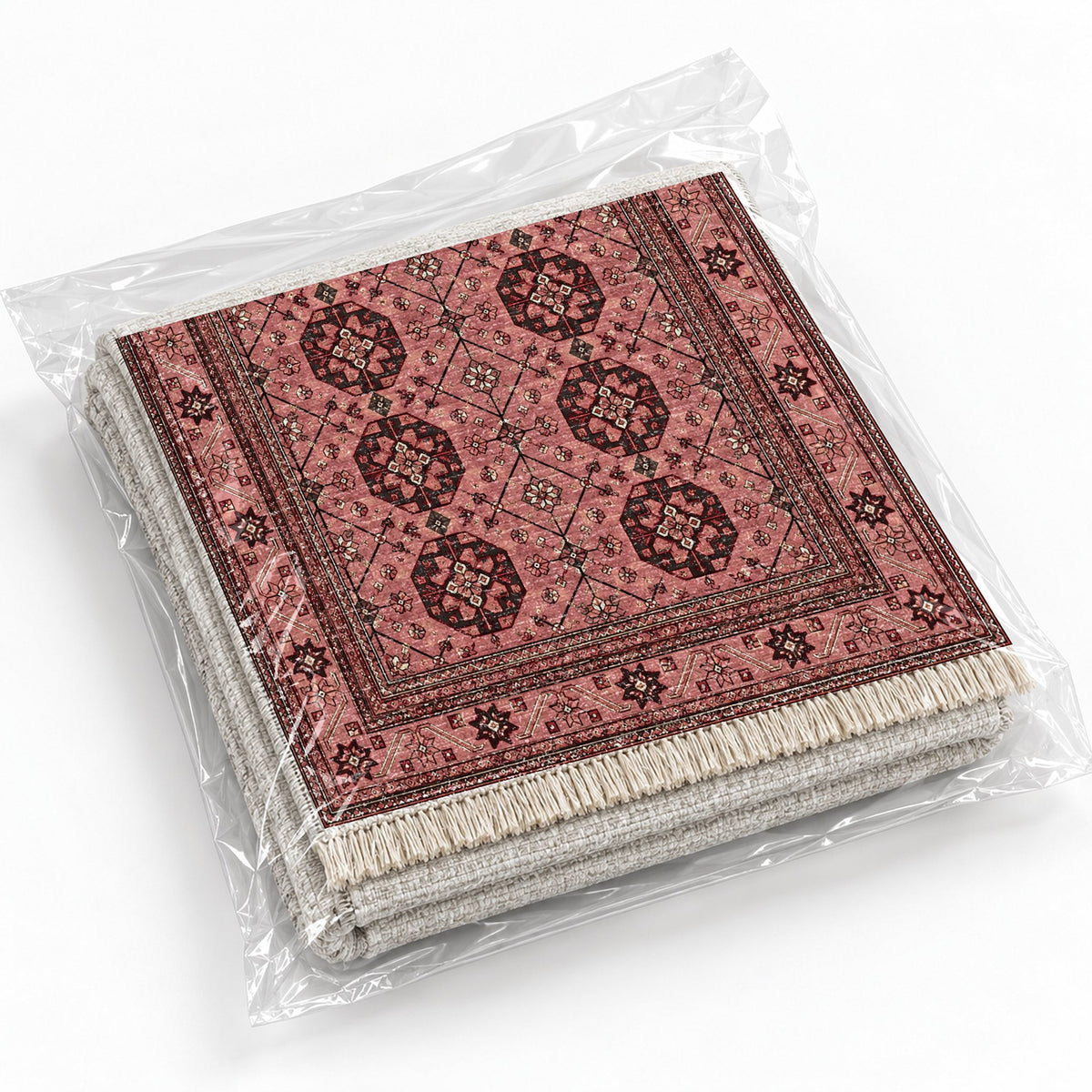 Ersari Lattice Faded Pink washable rug rolled and packaged