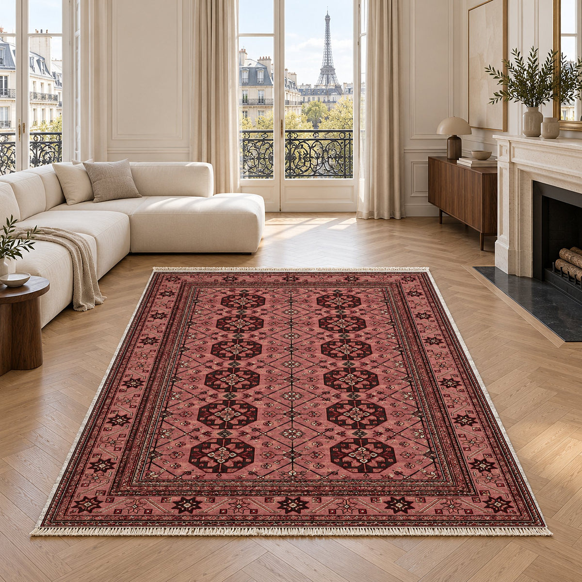 Ersari Lattice Faded Pink washable rug in a living room with an Eiffel Tower view