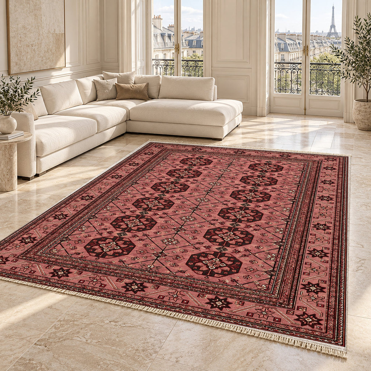 Ersari Lattice Faded Pink washable rug angled room view on marble