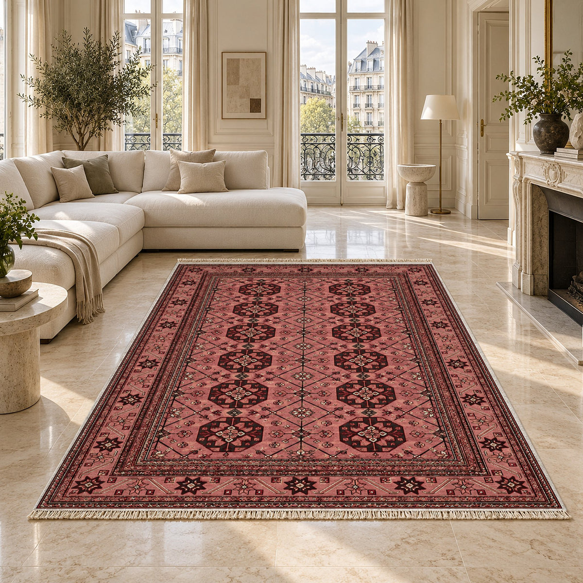 Ersari Lattice Faded Pink washable rug on a marble floor