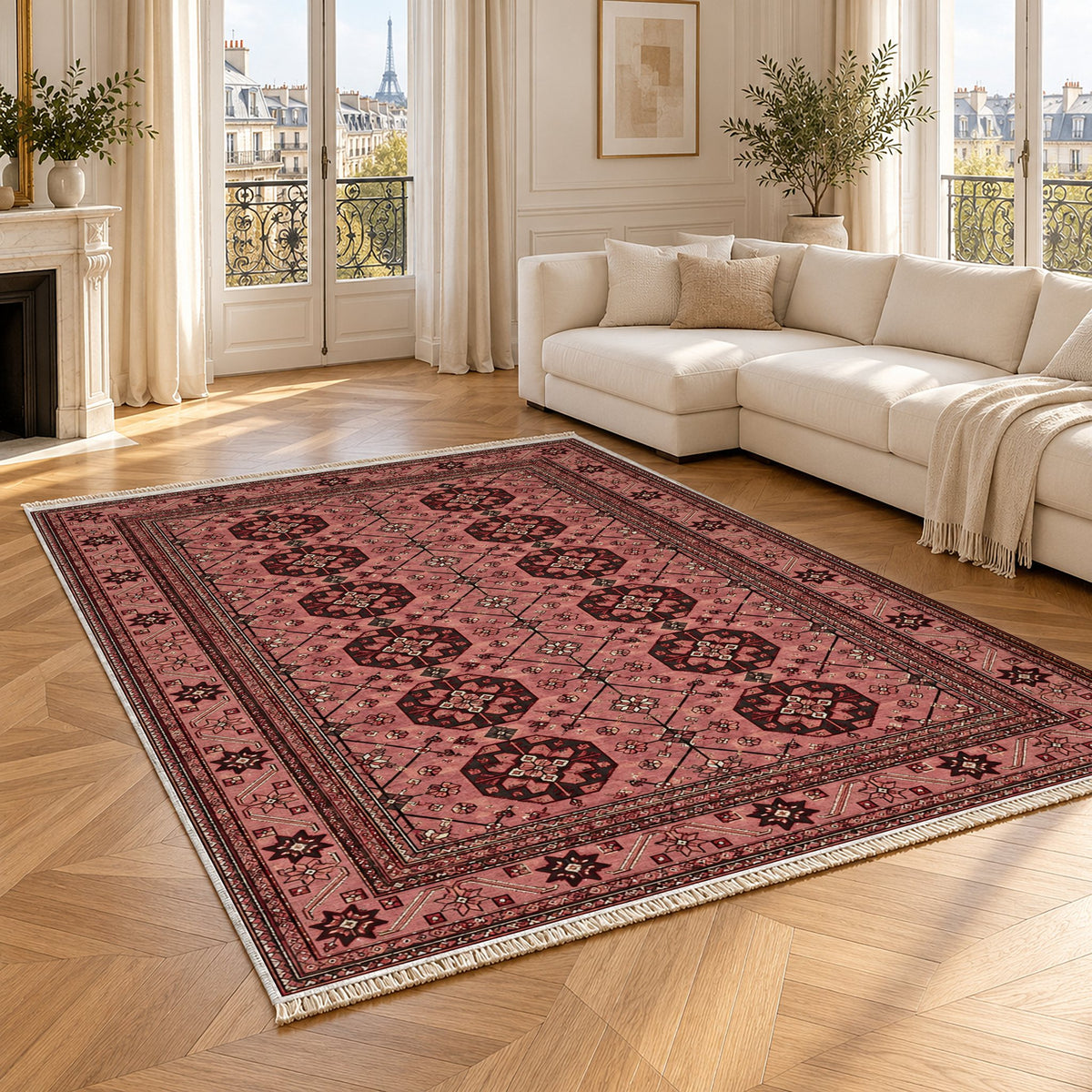 Ersari Lattice Faded Pink washable rug angled room view